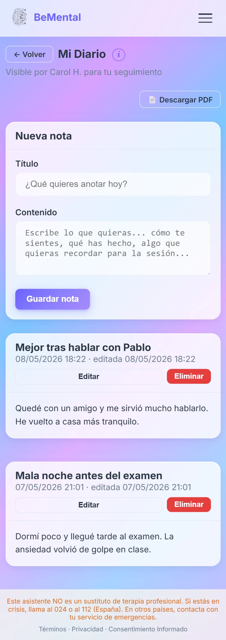 Pantalla del diario emocional en el móvil con las entradas recientes del paciente