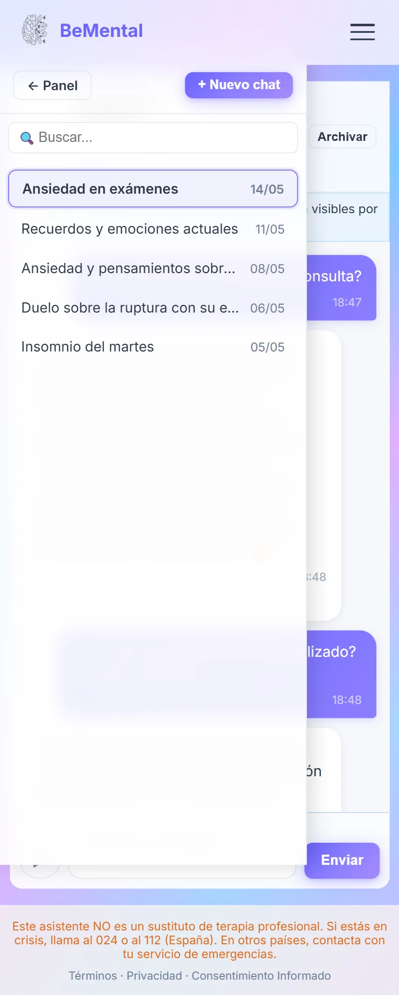 Lista de conversaciones del paciente con su asistente IA, ordenadas por fecha